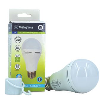 Bombillo Recargable Westinghouse, con su estuche y soporte para colgar.
